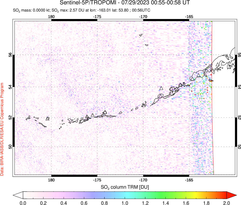 A sulfur dioxide image over Aleutian Islands, Alaska, USA on Jul 29, 2023.