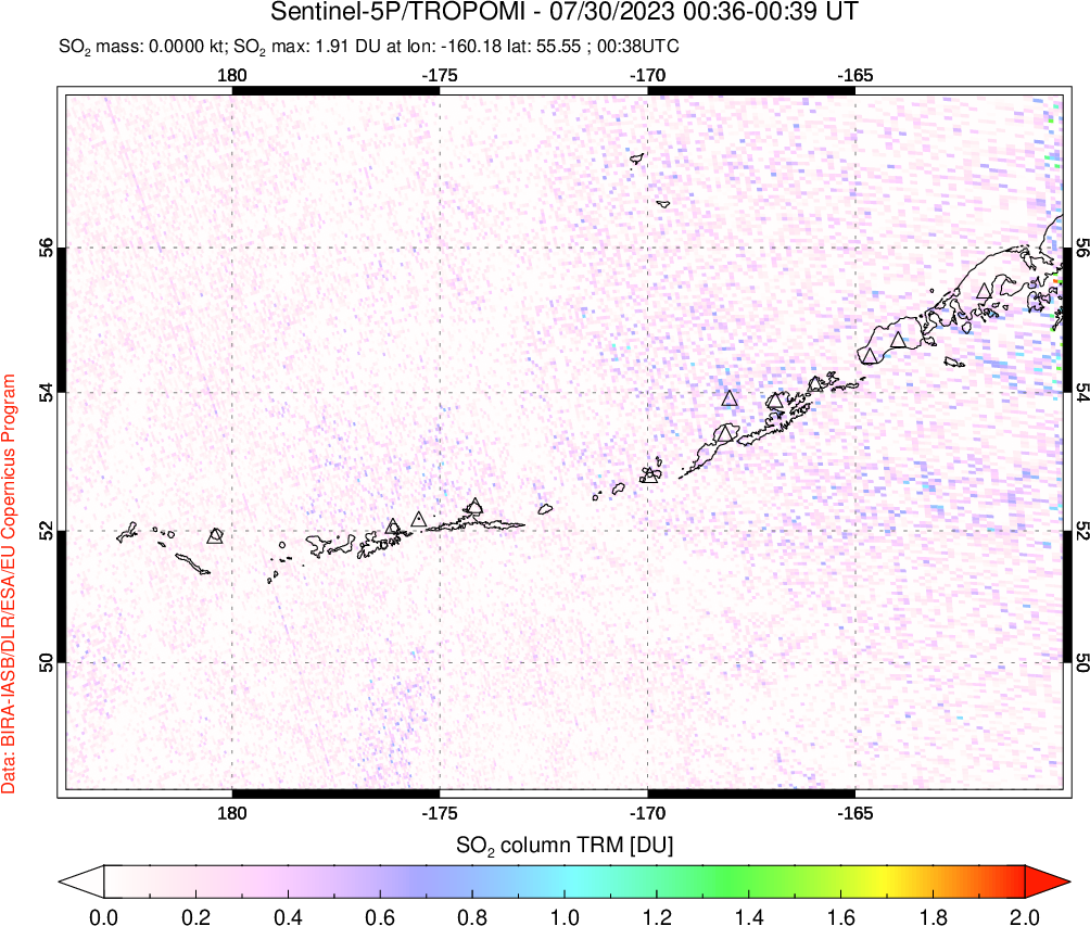A sulfur dioxide image over Aleutian Islands, Alaska, USA on Jul 30, 2023.