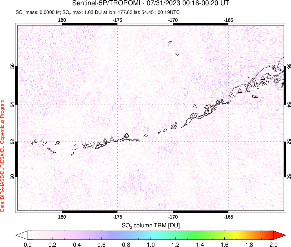 A sulfur dioxide image over Aleutian Islands, Alaska, USA on Jul 31, 2023.
