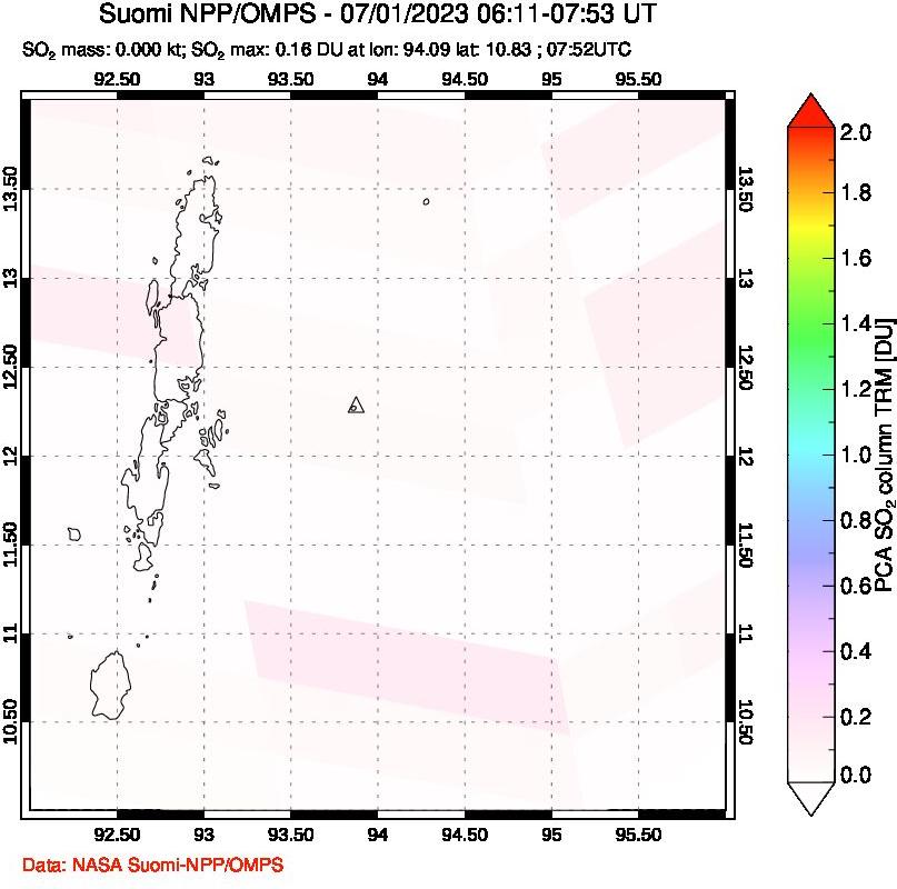 A sulfur dioxide image over Andaman Islands, Indian Ocean on Jul 01, 2023.