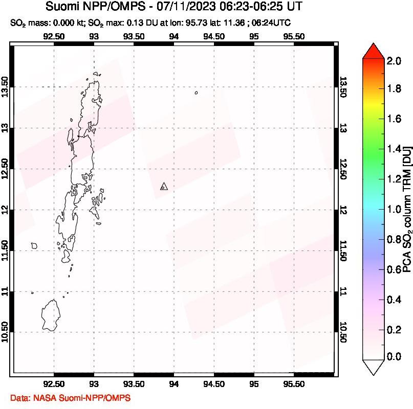 A sulfur dioxide image over Andaman Islands, Indian Ocean on Jul 11, 2023.