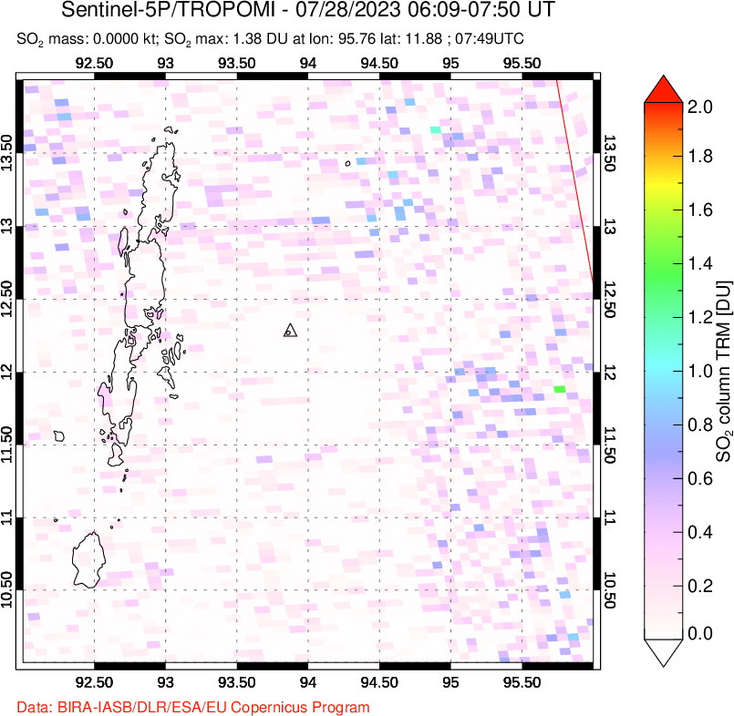 A sulfur dioxide image over Andaman Islands, Indian Ocean on Jul 28, 2023.
