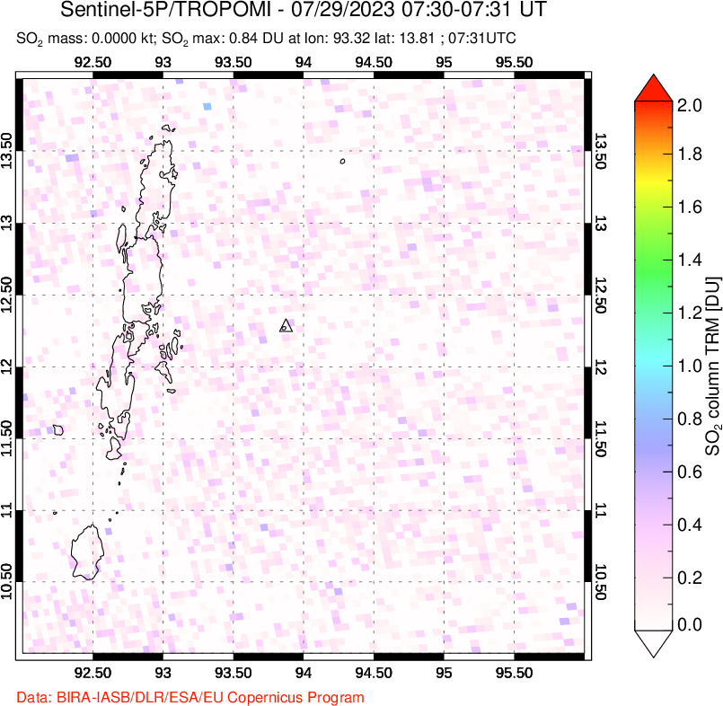 A sulfur dioxide image over Andaman Islands, Indian Ocean on Jul 29, 2023.