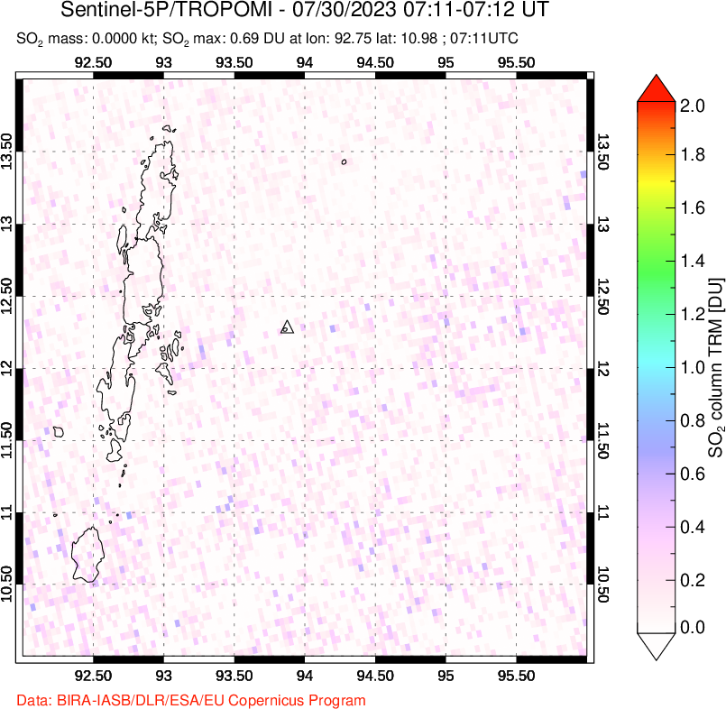 A sulfur dioxide image over Andaman Islands, Indian Ocean on Jul 30, 2023.