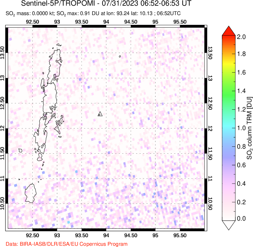 A sulfur dioxide image over Andaman Islands, Indian Ocean on Jul 31, 2023.