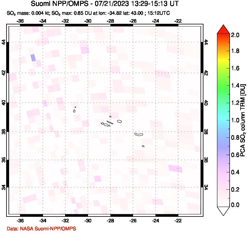 A sulfur dioxide image over Azores Islands, Portugal on Jul 21, 2023.