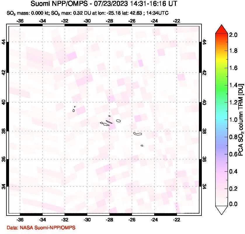 A sulfur dioxide image over Azores Islands, Portugal on Jul 23, 2023.