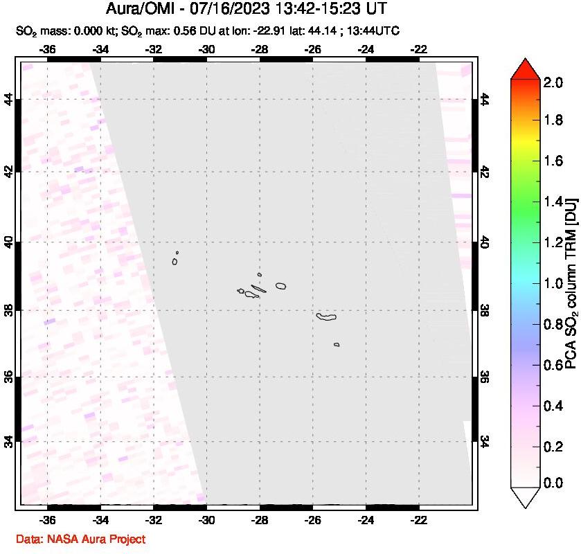 A sulfur dioxide image over Azore Islands, Portugal on Jul 16, 2023.