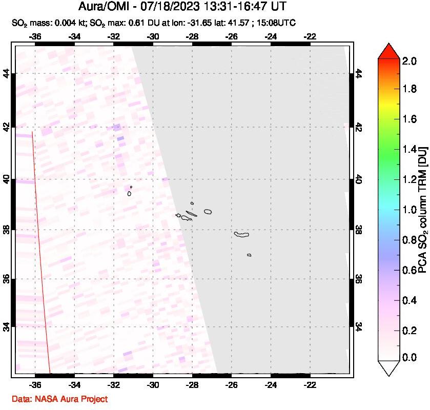 A sulfur dioxide image over Azore Islands, Portugal on Jul 18, 2023.