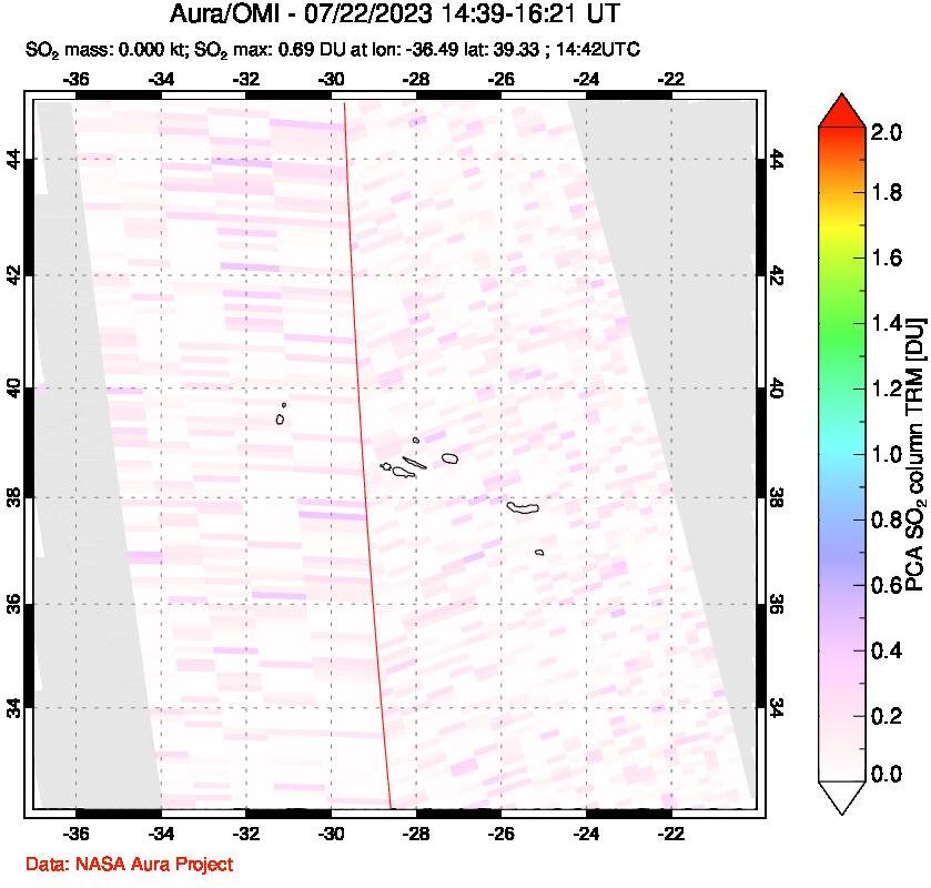A sulfur dioxide image over Azore Islands, Portugal on Jul 22, 2023.