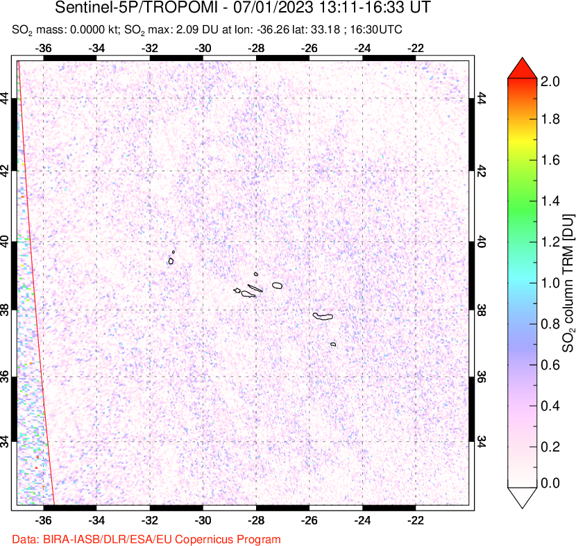A sulfur dioxide image over Azore Islands, Portugal on Jul 11, 2023.