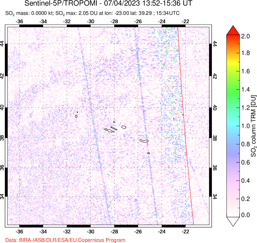 A sulfur dioxide image over Azore Islands, Portugal on Jul 14, 2023.