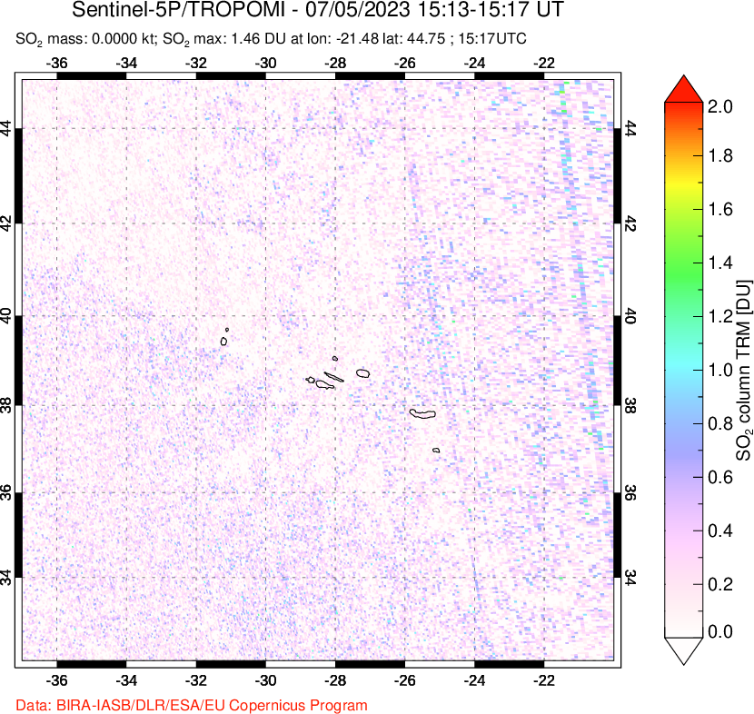 A sulfur dioxide image over Azore Islands, Portugal on Jul 15, 2023.