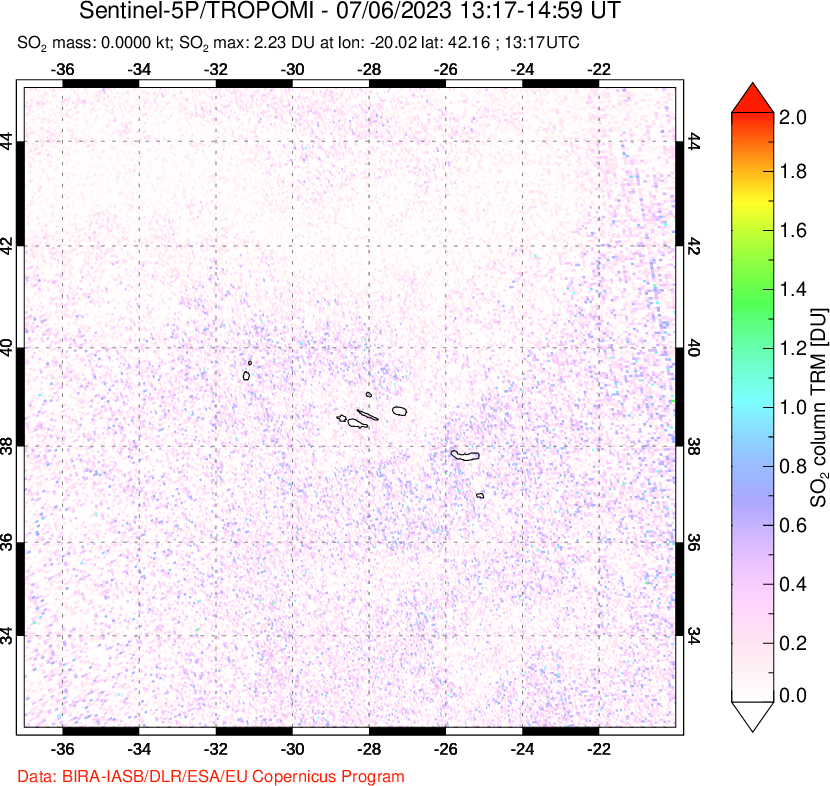 A sulfur dioxide image over Azore Islands, Portugal on Jul 16, 2023.