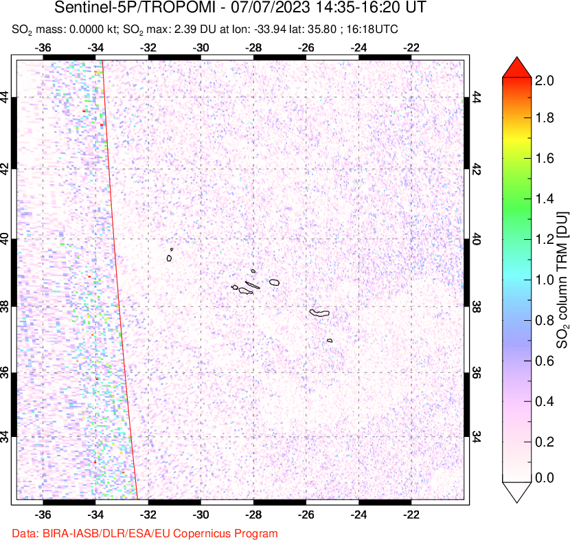 A sulfur dioxide image over Azore Islands, Portugal on Jul 07, 2023.