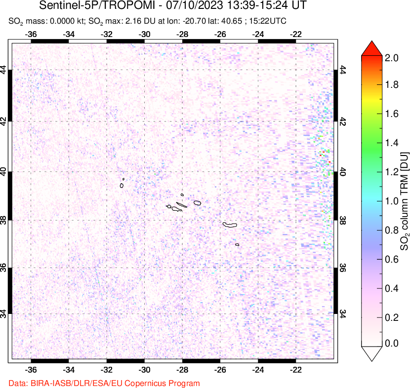 A sulfur dioxide image over Azore Islands, Portugal on Jul 20, 2023.