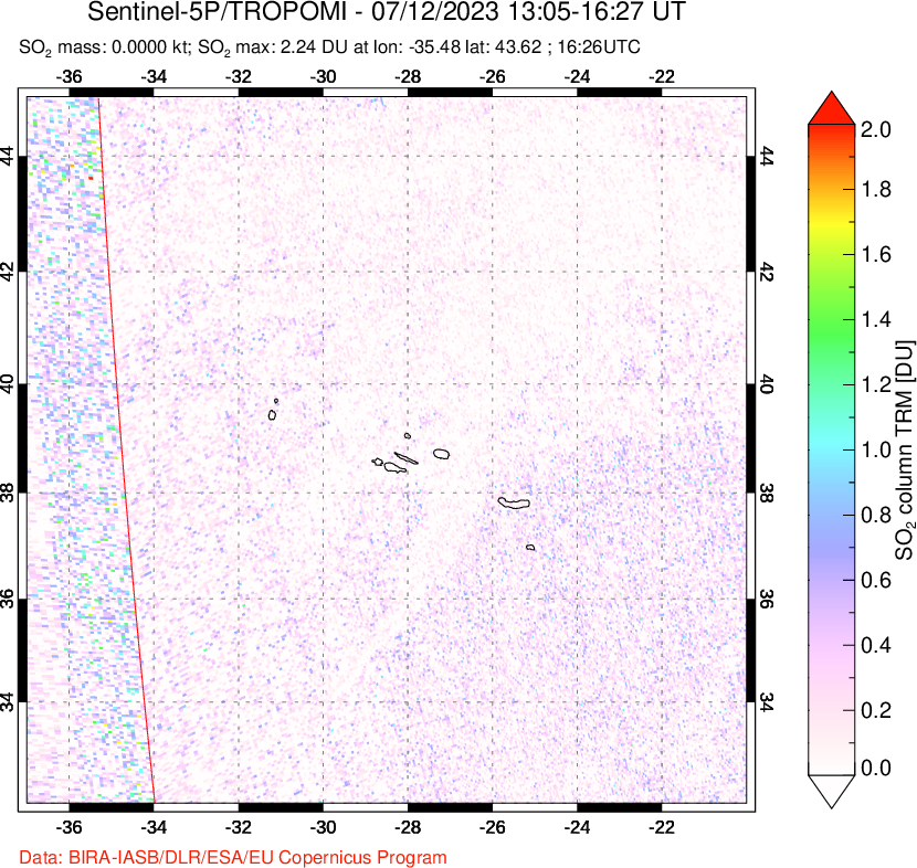 A sulfur dioxide image over Lesser Sunda Islands, Indonesia on Jul 12, 2023.