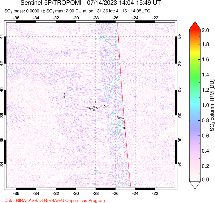 A sulfur dioxide image over Lesser Sunda Islands, Indonesia on Jul 14, 2023.