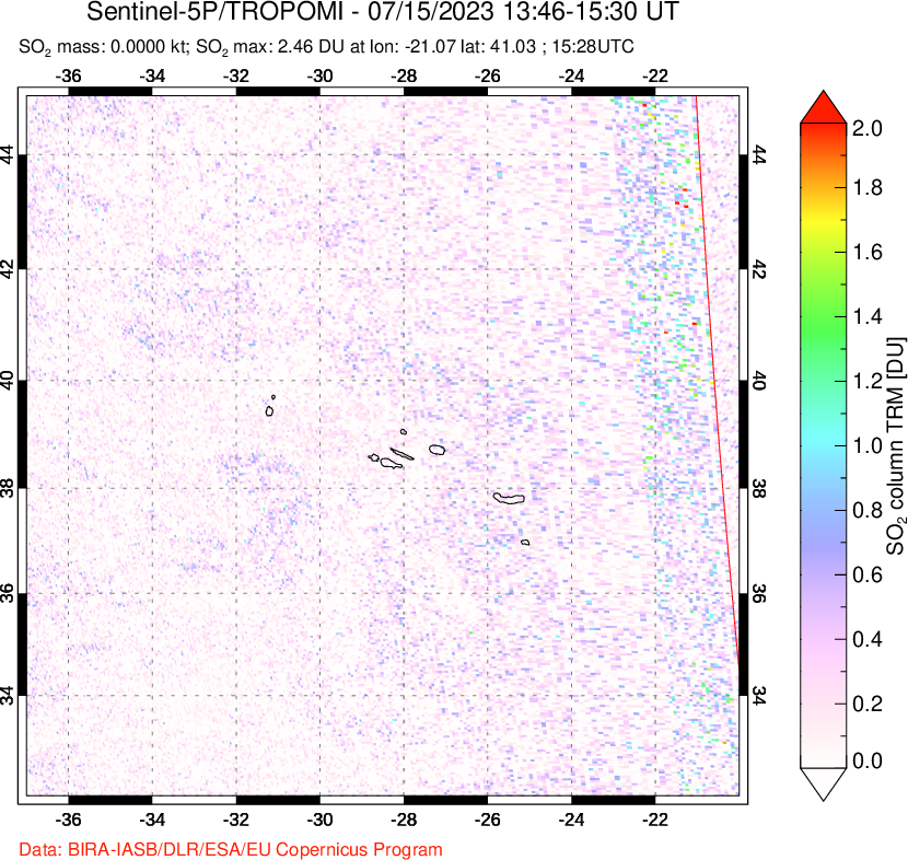 A sulfur dioxide image over Lesser Sunda Islands, Indonesia on Jul 15, 2023.