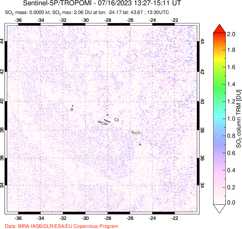 A sulfur dioxide image over Lesser Sunda Islands, Indonesia on Jul 16, 2023.