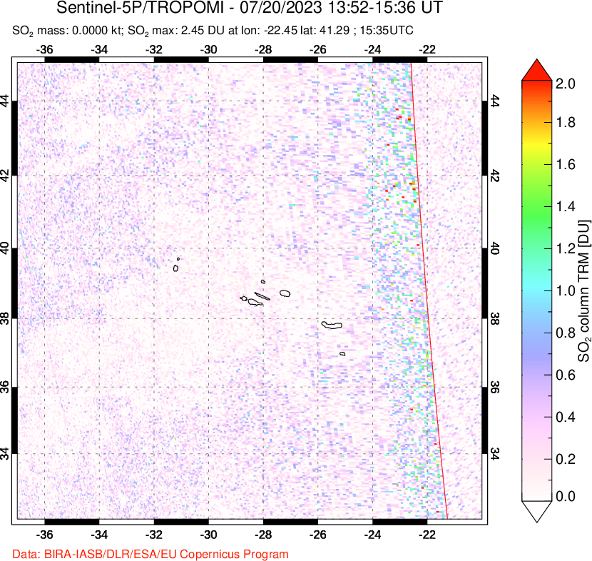 A sulfur dioxide image over Lesser Sunda Islands, Indonesia on Jul 20, 2023.
