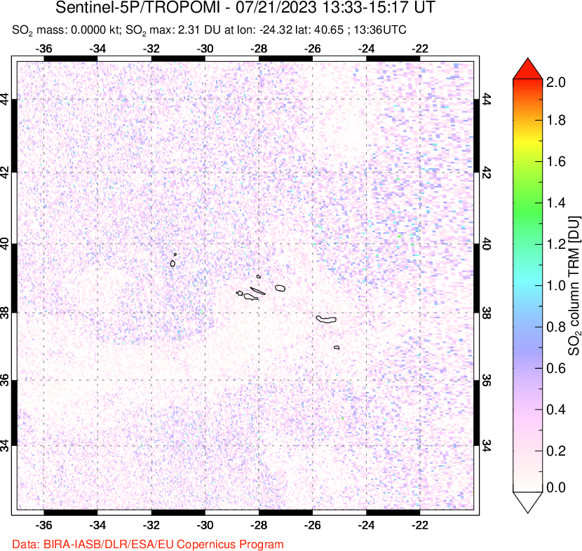 A sulfur dioxide image over Lesser Sunda Islands, Indonesia on Jul 21, 2023.