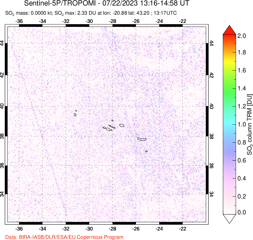 A sulfur dioxide image over Lesser Sunda Islands, Indonesia on Jul 22, 2023.