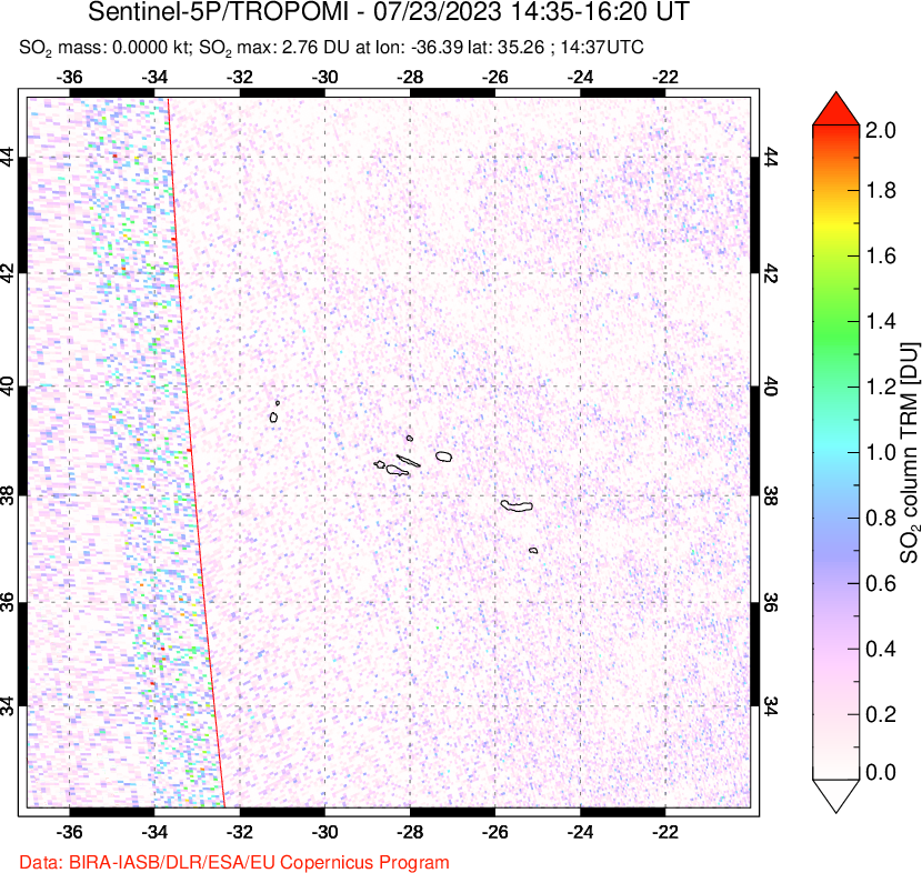 A sulfur dioxide image over Lesser Sunda Islands, Indonesia on Jul 13, 2023.