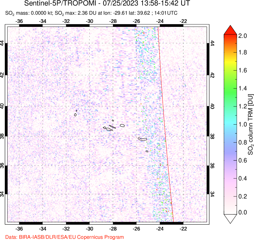 A sulfur dioxide image over Lesser Sunda Islands, Indonesia on Jul 25, 2023.