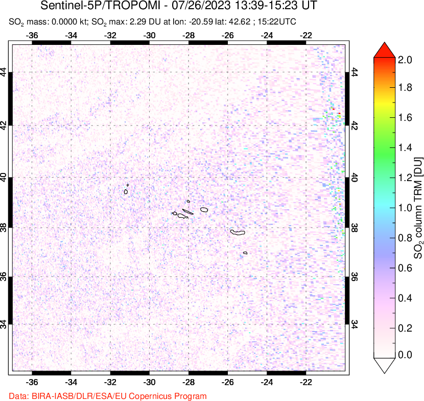 A sulfur dioxide image over Lesser Sunda Islands, Indonesia on Jul 26, 2023.