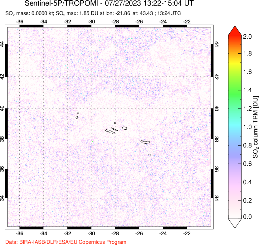A sulfur dioxide image over Lesser Sunda Islands, Indonesia on Jul 27, 2023.