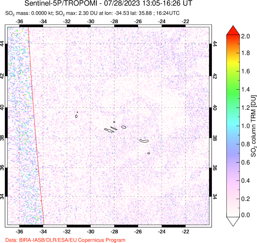 A sulfur dioxide image over Azore Islands, Portugal on Jul 28, 2023.