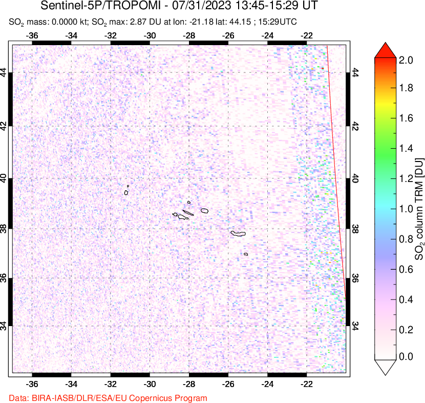 A sulfur dioxide image over Azore Islands, Portugal on Jul 31, 2023.