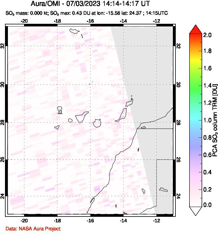 A sulfur dioxide image over Canary Islands on Jul 03, 2023.