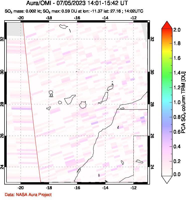 A sulfur dioxide image over Canary Islands on Jul 05, 2023.