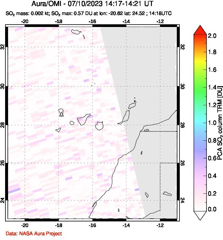 A sulfur dioxide image over Canary Islands on Jul 10, 2023.