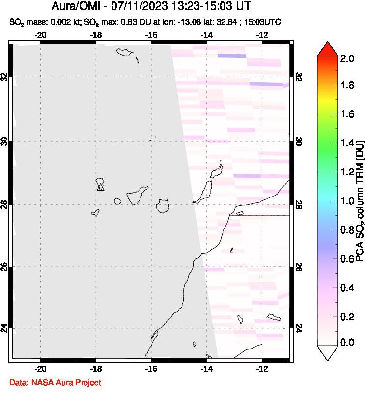 A sulfur dioxide image over Canary Islands on Jul 11, 2023.