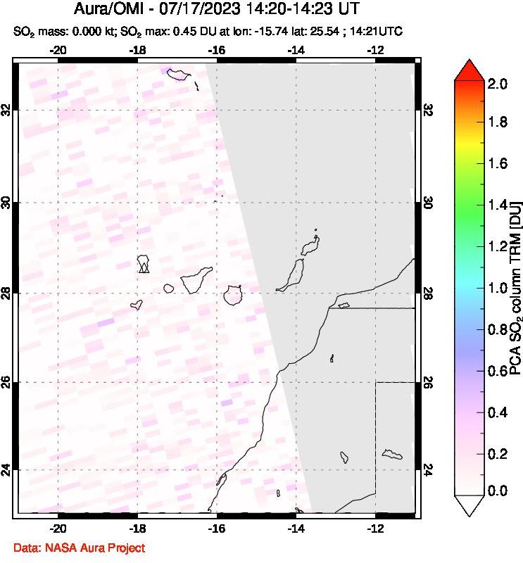 A sulfur dioxide image over Canary Islands on Jul 17, 2023.