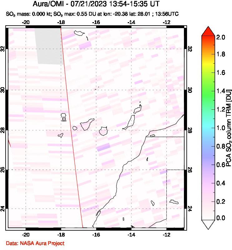 A sulfur dioxide image over Canary Islands on Jul 21, 2023.