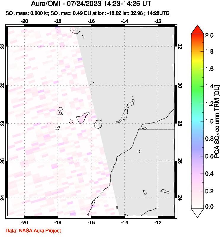 A sulfur dioxide image over Canary Islands on Jul 24, 2023.
