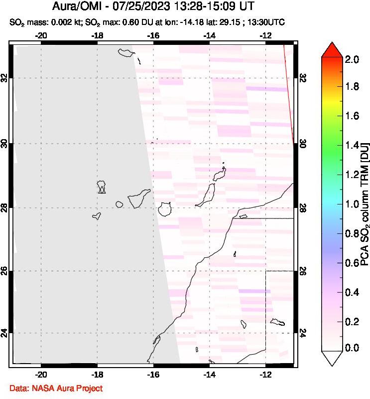 A sulfur dioxide image over Canary Islands on Jul 25, 2023.