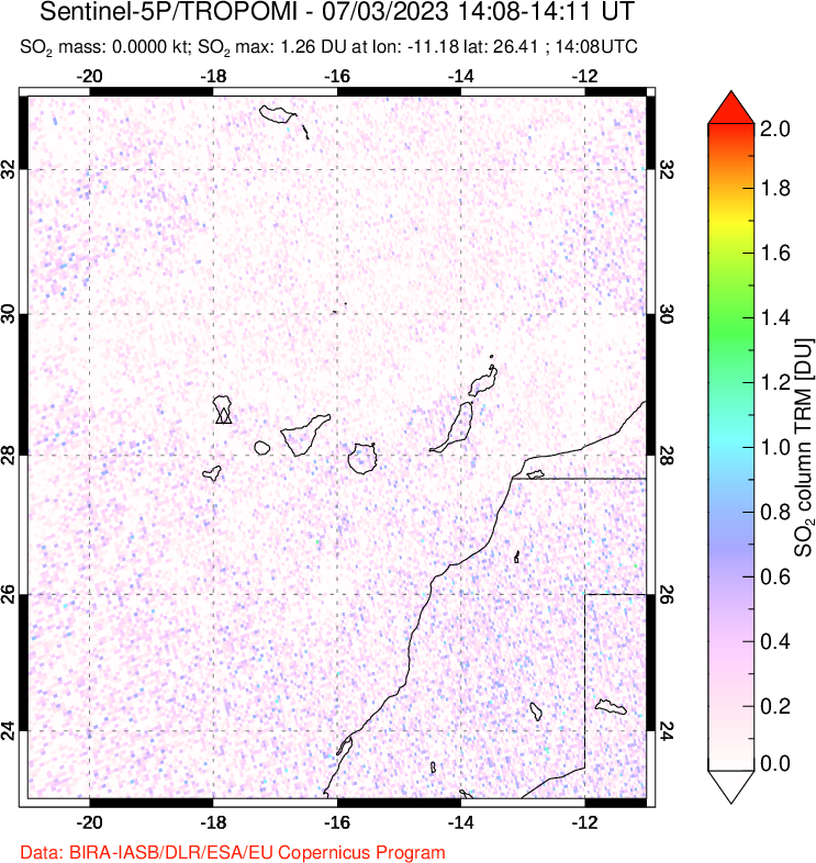 A sulfur dioxide image over Canary Islands on Jan 07, 2023.