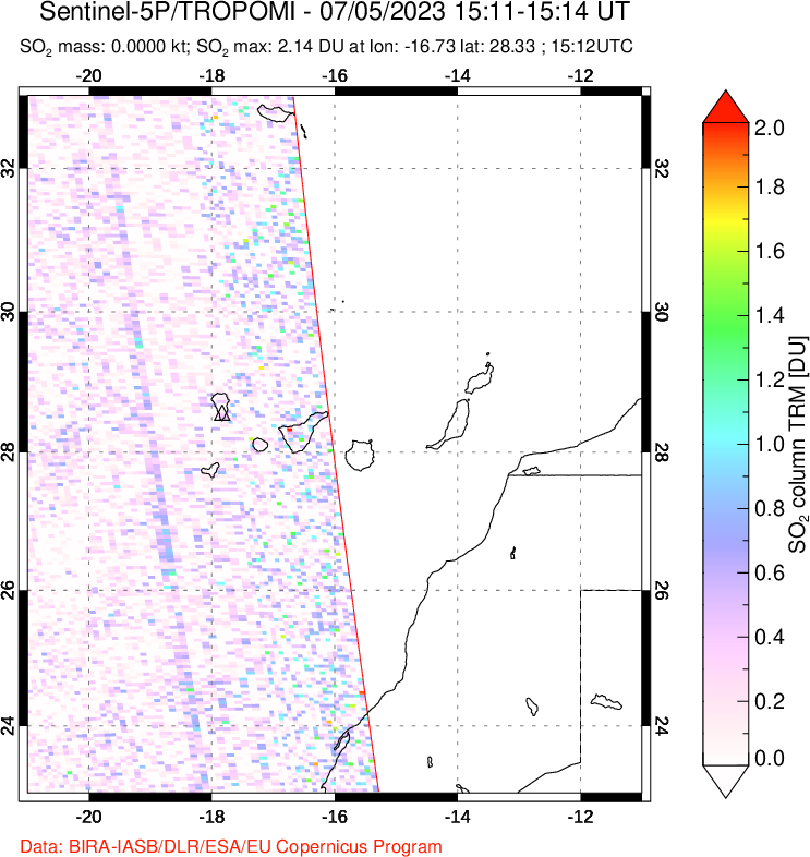 A sulfur dioxide image over Canary Islands on Jul 09, 2023.
