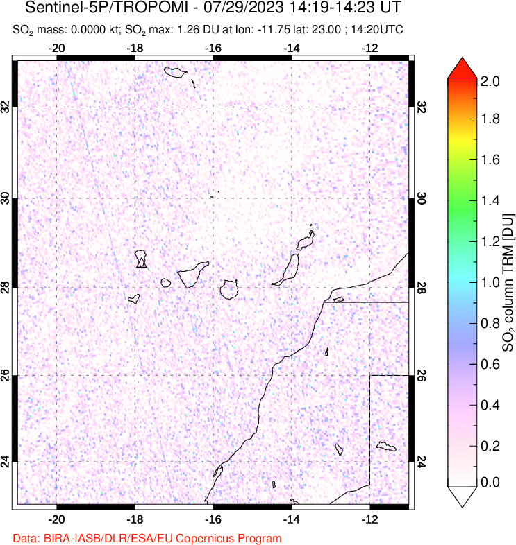 A sulfur dioxide image over Canary Islands on Jul 29, 2023.