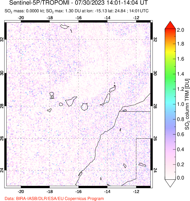 A sulfur dioxide image over Canary Islands on Jul 30, 2023.
