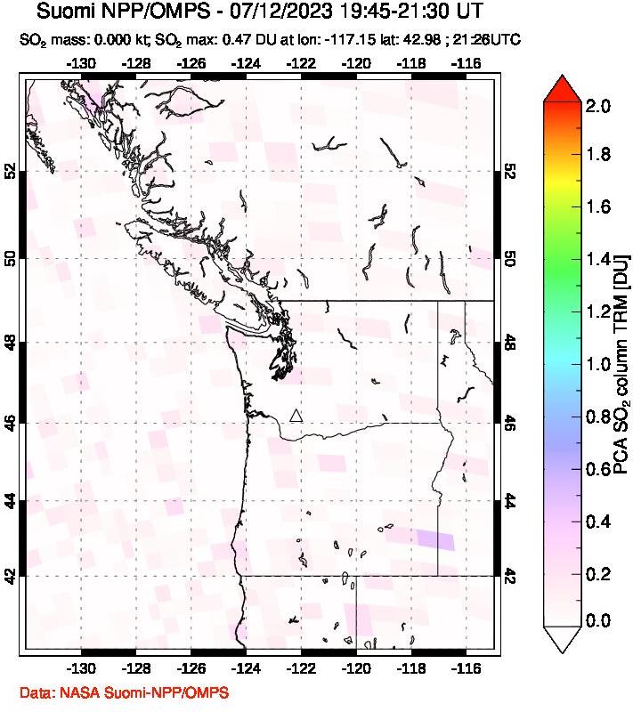A sulfur dioxide image over Cascade Range, USA on Jul 12, 2023.