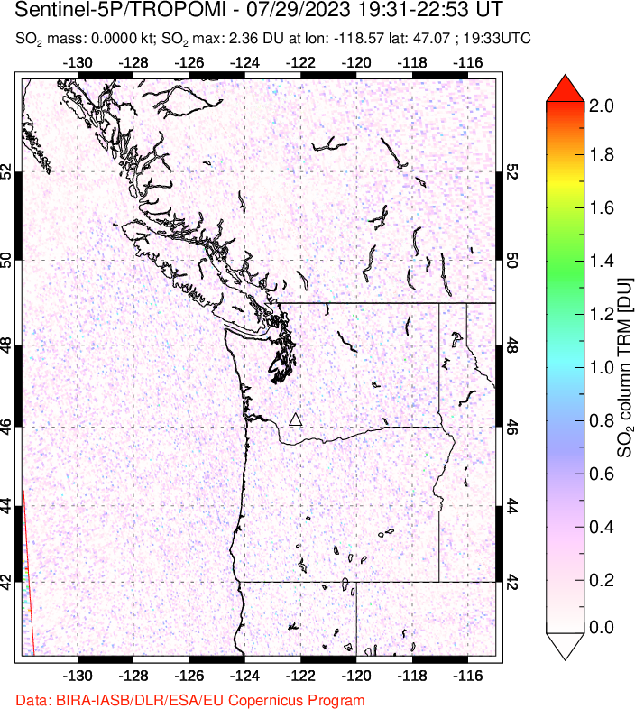 A sulfur dioxide image over Cascade Range, USA on Jul 29, 2023.