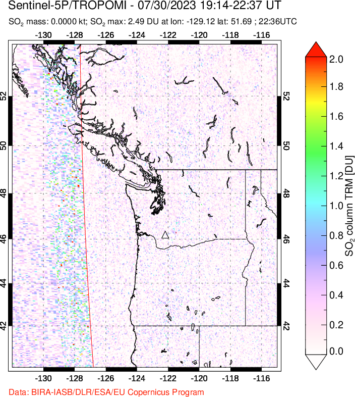 A sulfur dioxide image over Cascade Range, USA on Jul 30, 2023.