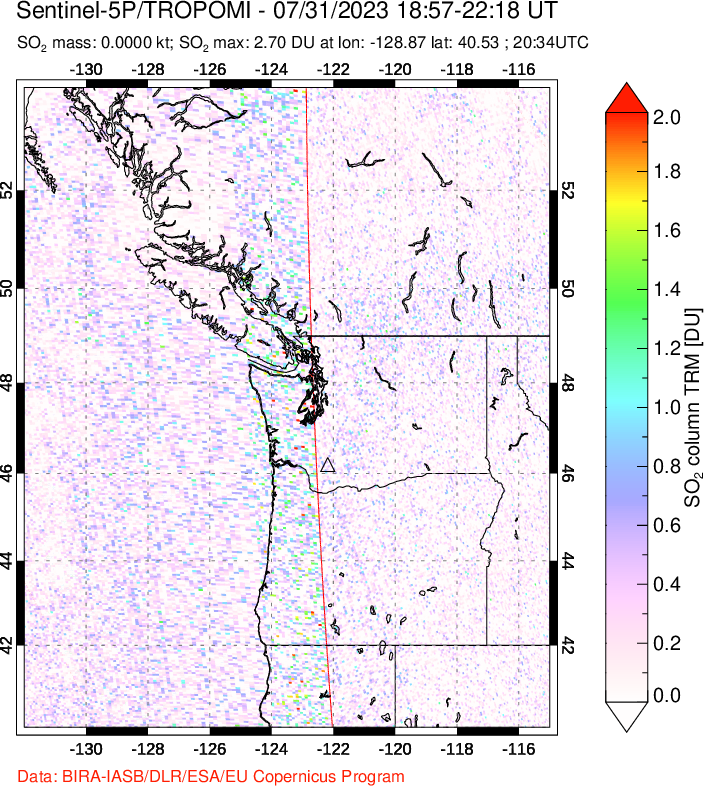 A sulfur dioxide image over Cascade Range, USA on Jul 31, 2023.