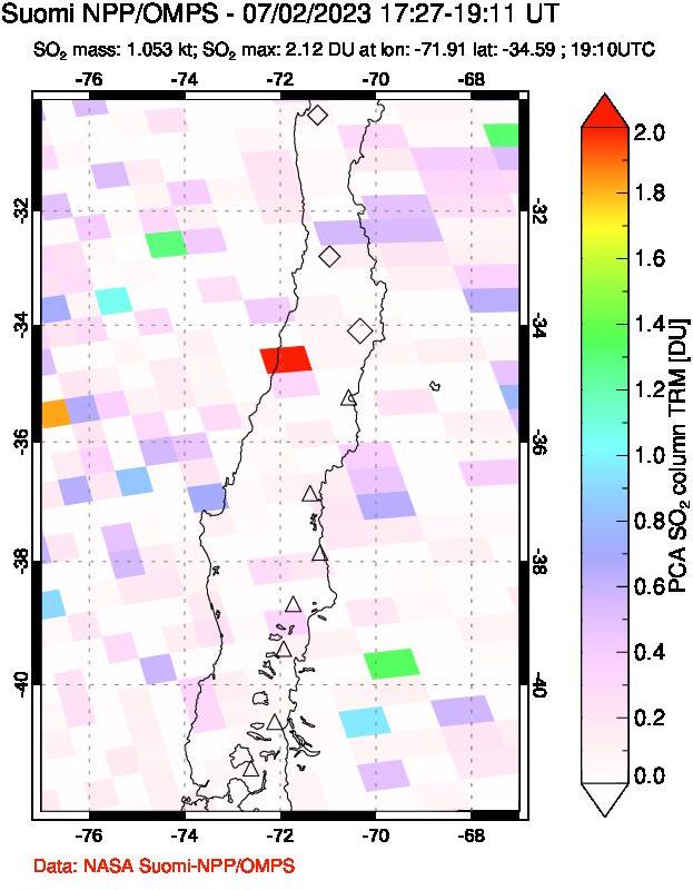 A sulfur dioxide image over Central Chile on Jul 02, 2023.